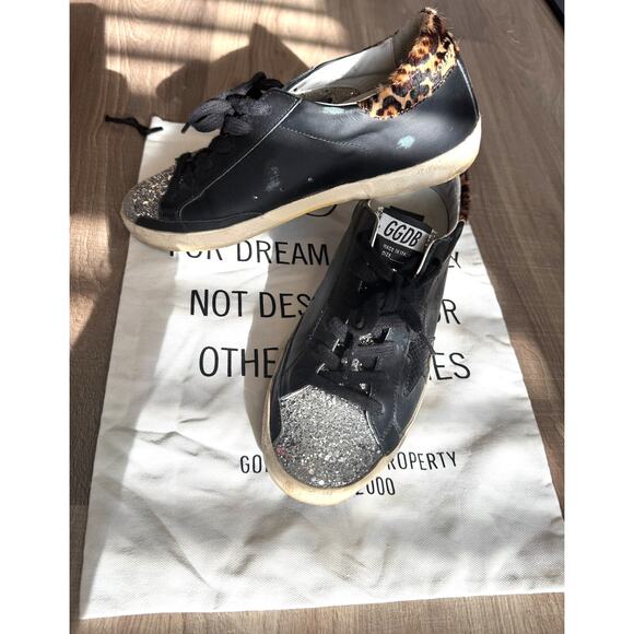 Golden Goose Black Sneakers with Silver Glitter and Leopard Accent - Picture 2 of 6